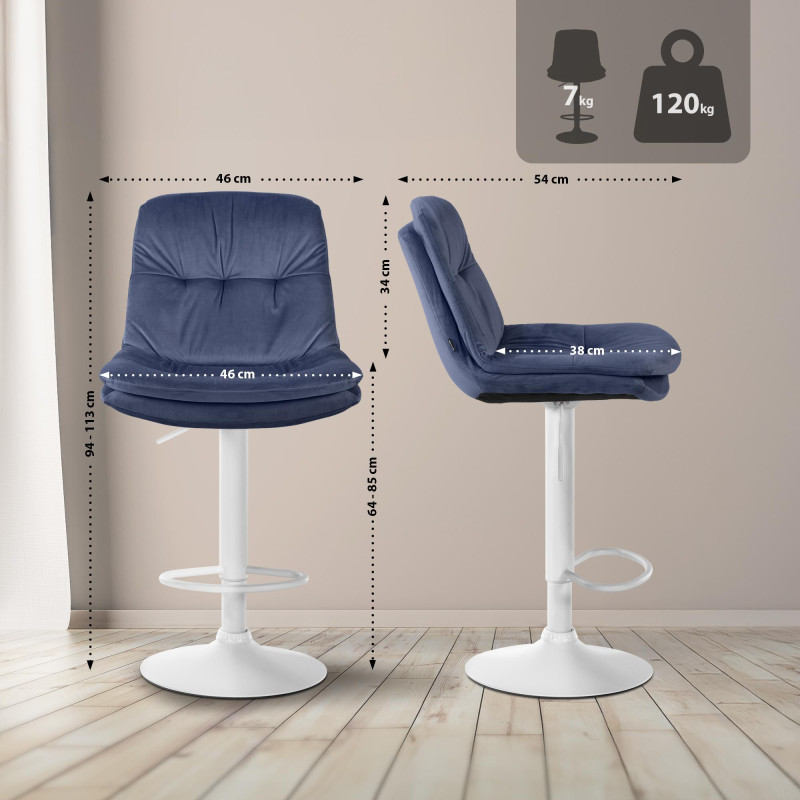 Tabouret de bar Laurel velours blanc bleu