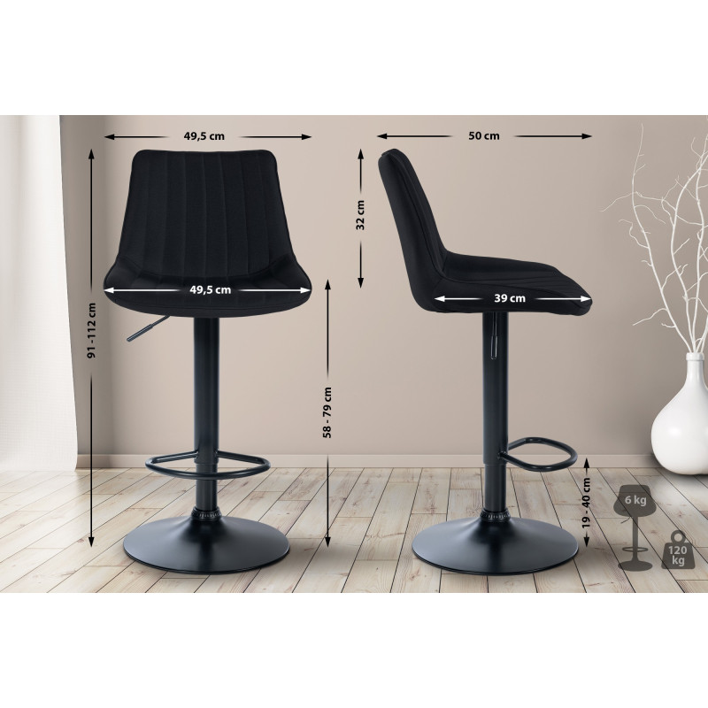 Lot de 2 tabourets de bar Toni tissu noir noir