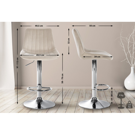 Lot de 2 tabourets de bar Toni velours chrome crème
