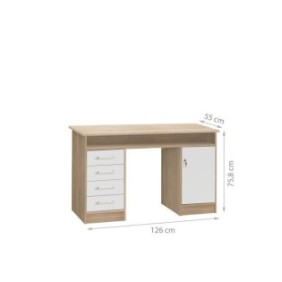 Bureau droit a clés avec 1 porte et 4 tiroirs - Décor chene et blanc - 126 x P 55 x H 76 cm - ALICANTE