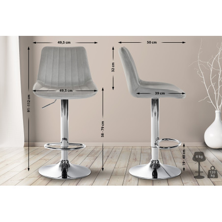 Lot de 2 tabourets de bar Toni velours gris chrome