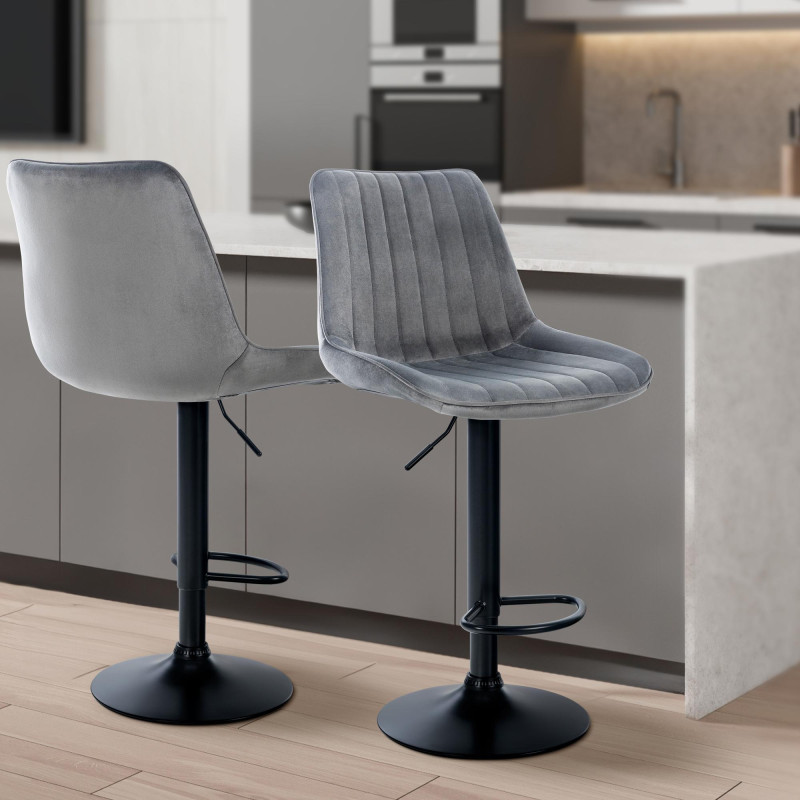 Lot de 2 tabourets de bar Toni velours noir gris foncé