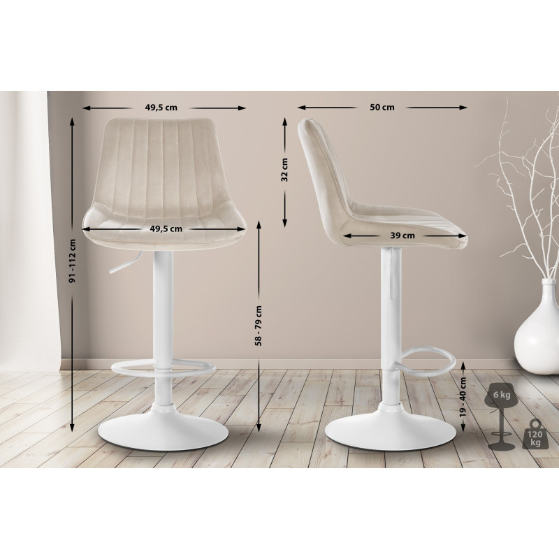 Lot de 2 tabourets de bar Toni velours blanc crème