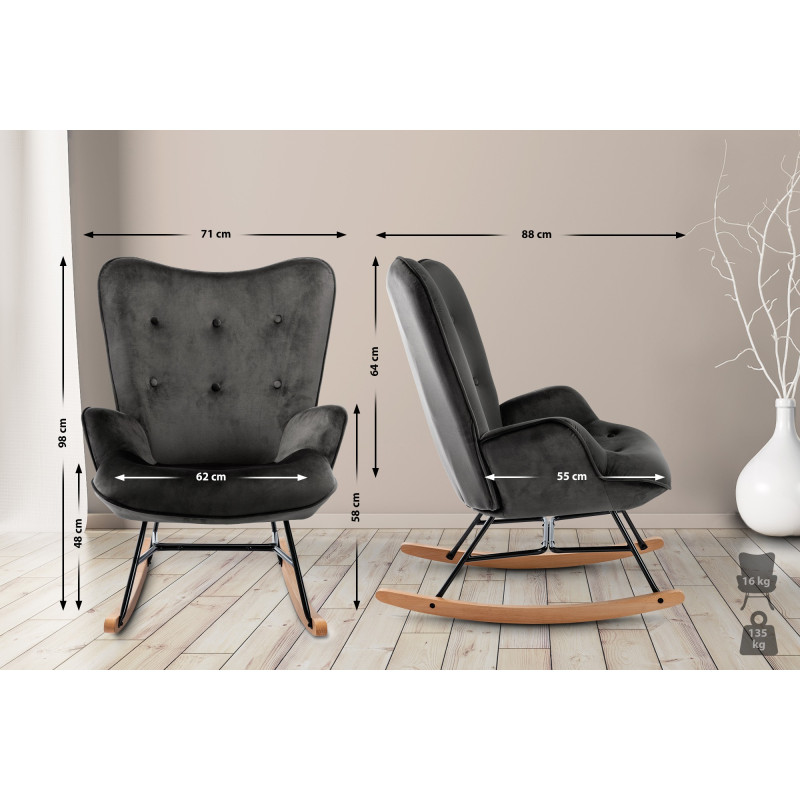 Fauteuil à bascule en velours Sanka gris foncé