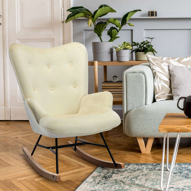 Fauteuil à bascule en velours Sanka crème