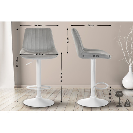 Lot de 2 tabourets de bar Toni velours blanc gris