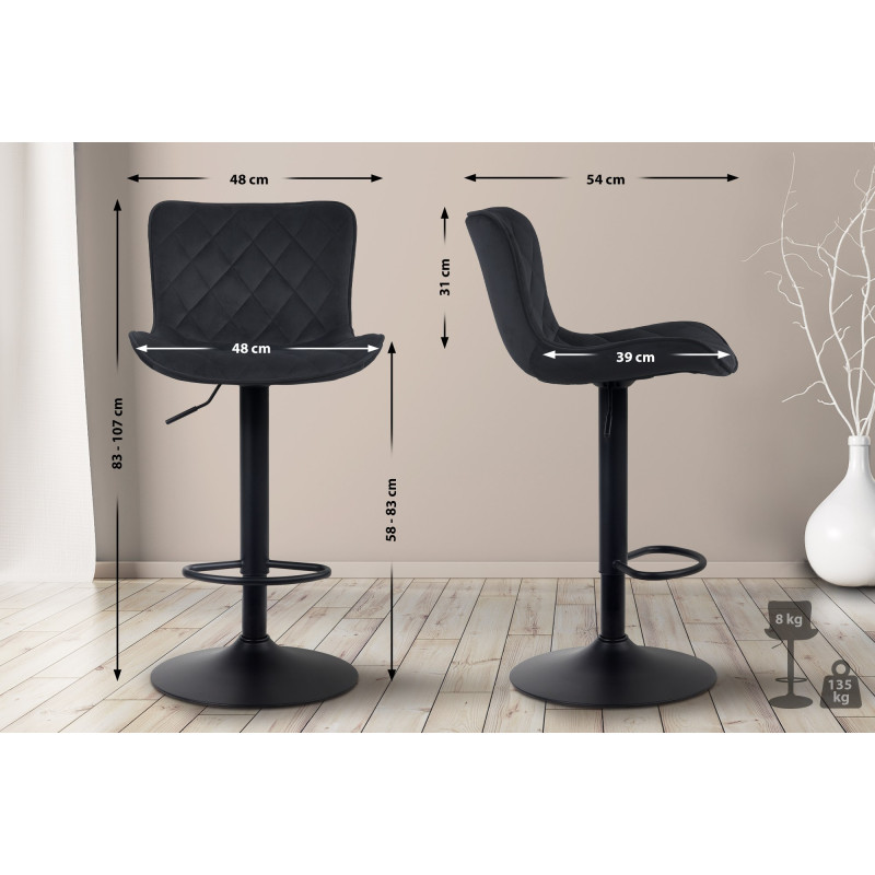 Lot de 2 tabourets de bar en velours Emma noir