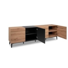 Buffet  Bas / Meuble TV NOLA - Décor chene et noir - 4 portes - L 200 x P 42 x H 65 cm