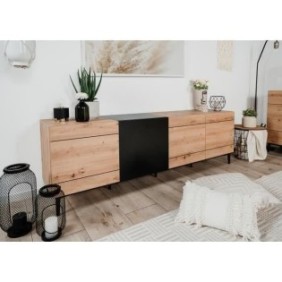 Buffet  Bas / Meuble TV NOLA - Décor chene et noir - 4 portes - L 200 x P 42 x H 65 cm