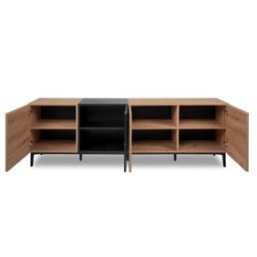 Buffet  Bas / Meuble TV NOLA - Décor chene et noir - 4 portes - L 200 x P 42 x H 65 cm