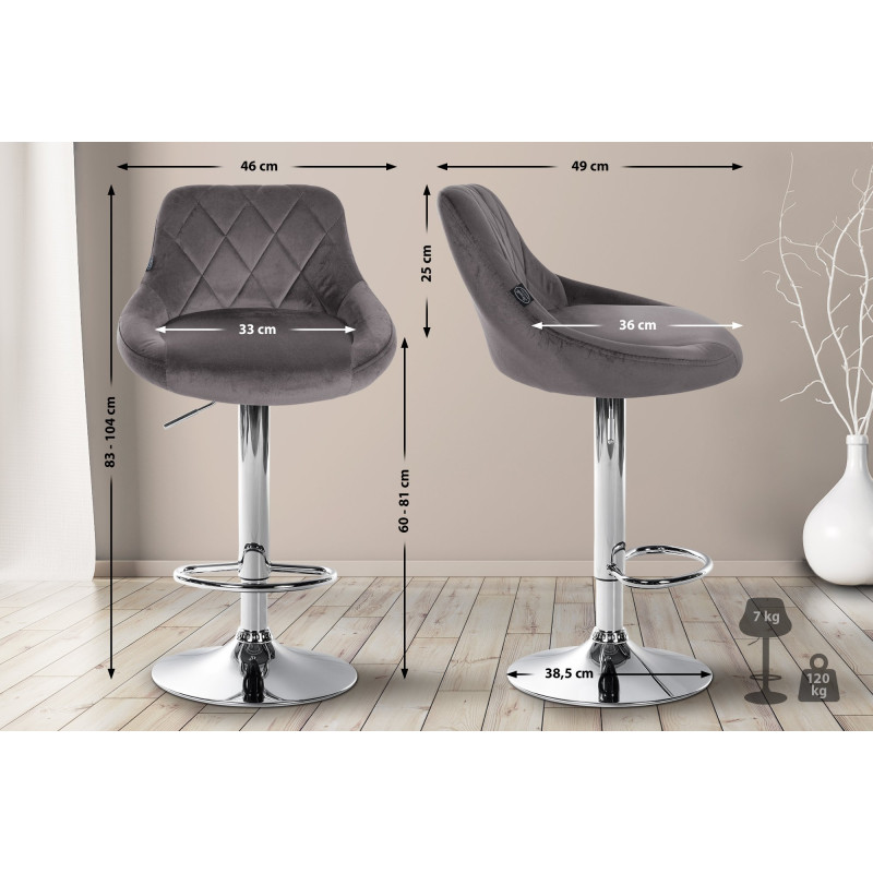 Tabouret de bar Lazio velours chrome gris