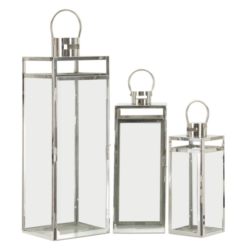 LANTERNE ARGENTÉE LOT DE 3 PCS CM 22X22,5X70,5-18X18,5X50-14X14,5X38