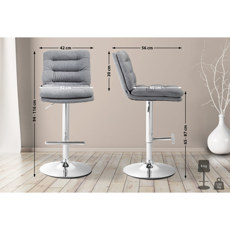 Tabouret de bar Damar tissu chromé gris