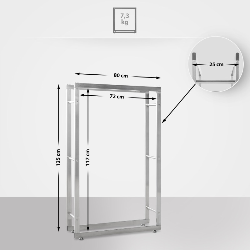Porte-bûches de cheminée Keri V2 25x80x125 cm acier inoxydable