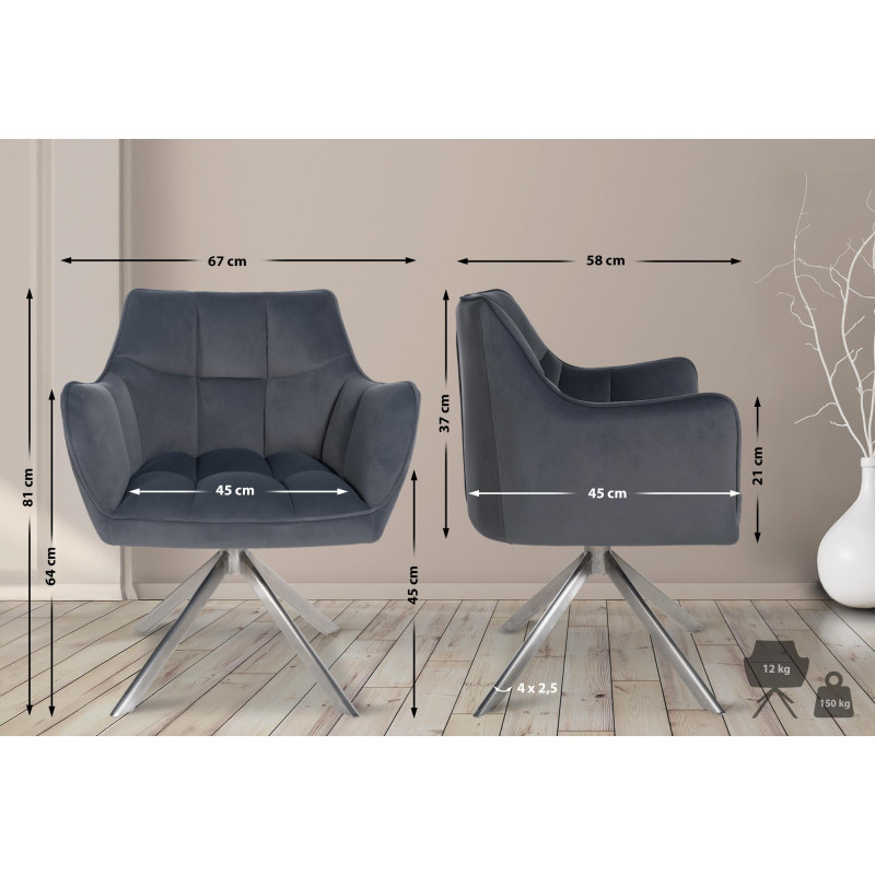 Chaise de salle à manger suspendue, velours, acier inoxydable, gris foncé