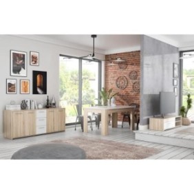 Pilvi ensemble Meuble TV Buffet & Table a manger - Blanc mat et chene sonoma