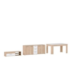 Pilvi ensemble Meuble TV Buffet & Table a manger - Blanc mat et chene sonoma