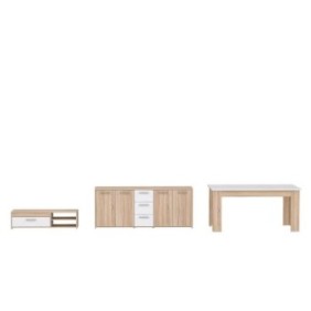 Pilvi ensemble Meuble TV Buffet & Table a manger - Blanc mat et chene sonoma