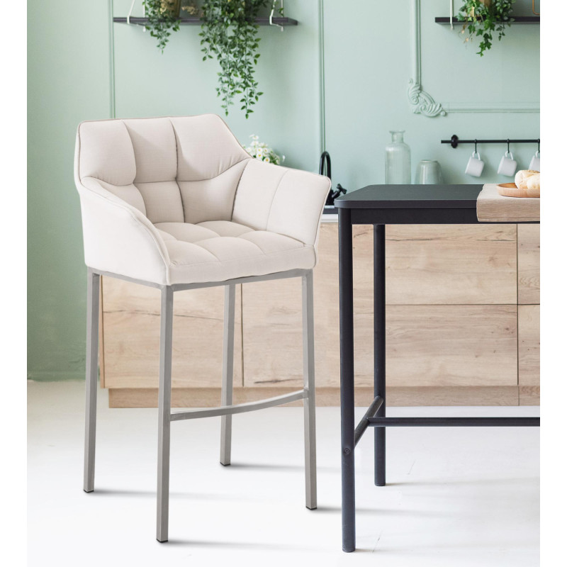 Tabouret de bar Damaso E en tissu avec piètement à 4 pieds, blanc