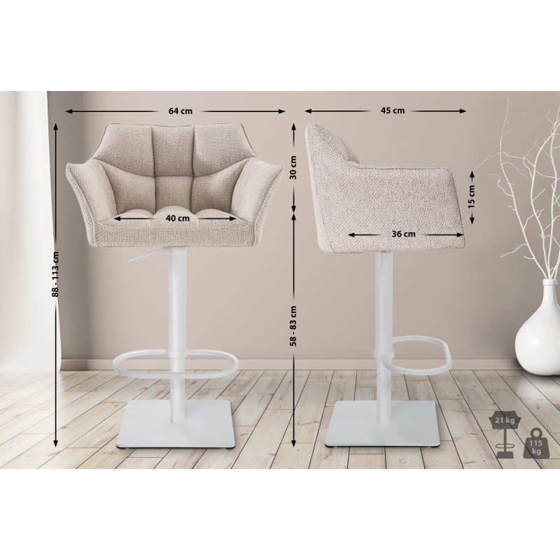 Tabouret de bar Damaso W, tissu ivoire