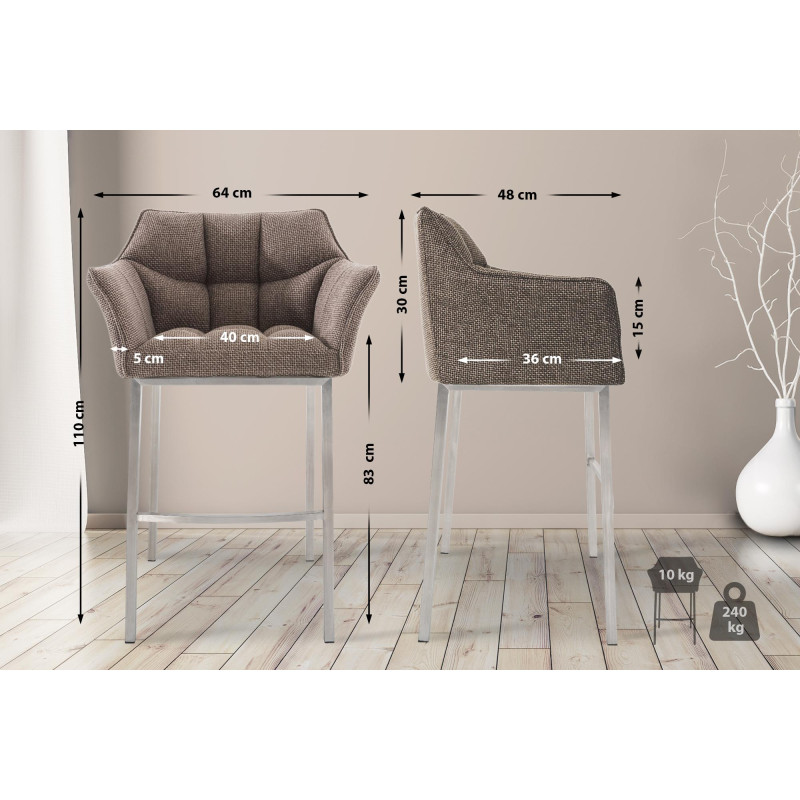 Tabouret de bar Damaso E, tissu avec piètement à 4 pieds, brun terre