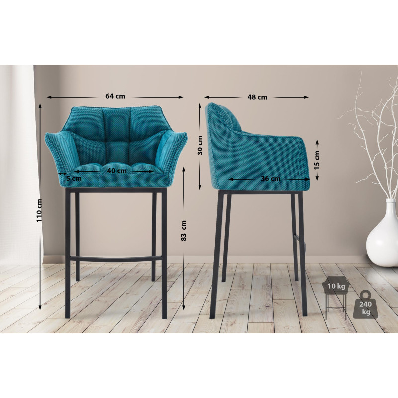 Sgabello da bar Damaso B in tessuto con struttura a 4 gambe, turchese