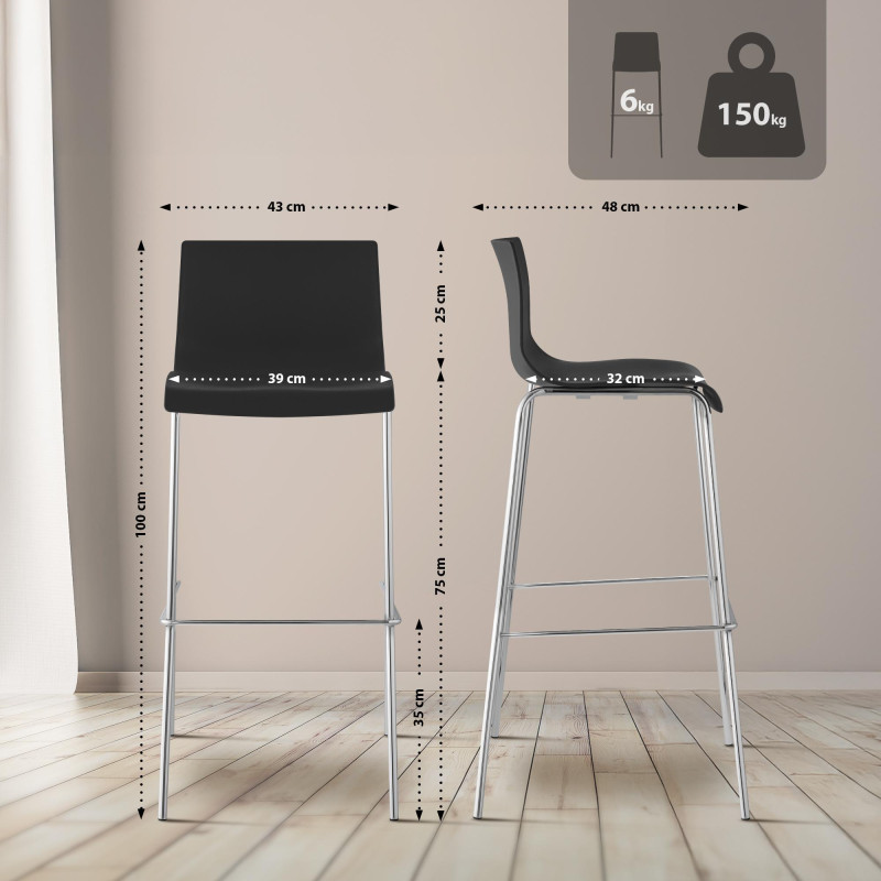Sgabello da bar Hoover, cromato, struttura a 4 gambe, nero