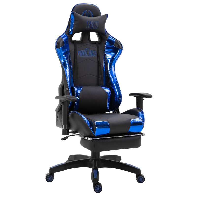 Chaise de bureau de course Turbo avec repose-pieds brillant noir/bleu