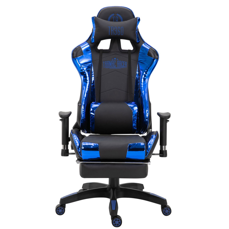 Chaise de bureau de course Turbo avec repose-pieds brillant noir/bleu