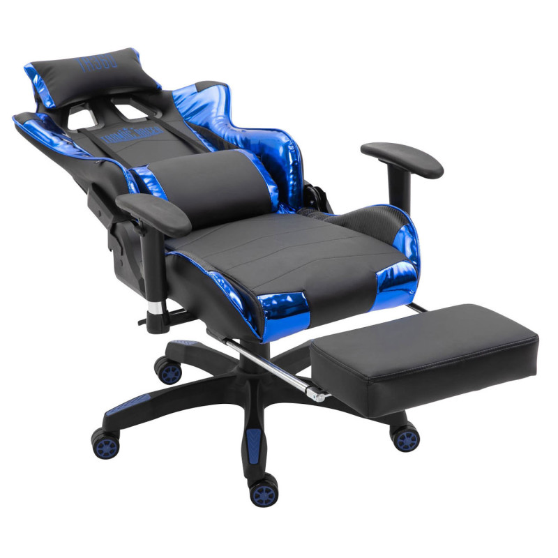 Chaise de bureau de course Turbo avec repose-pieds brillant noir/bleu