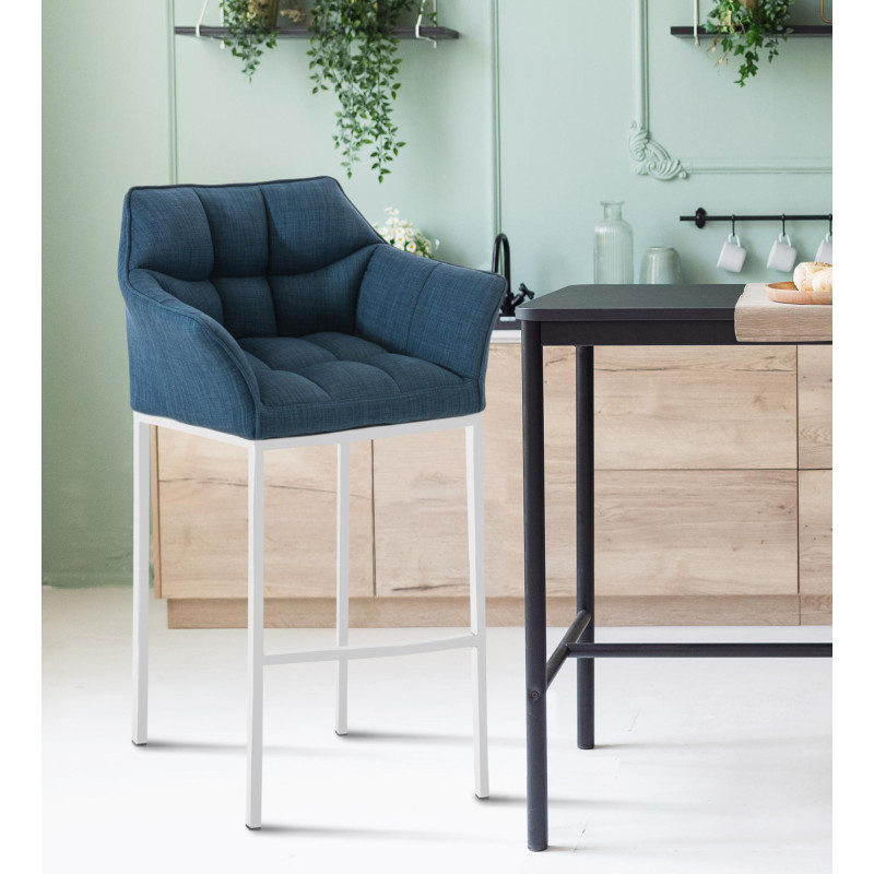 Tabouret de bar en tissu Damaso avec piètement à 4 pieds, blanc/bleu