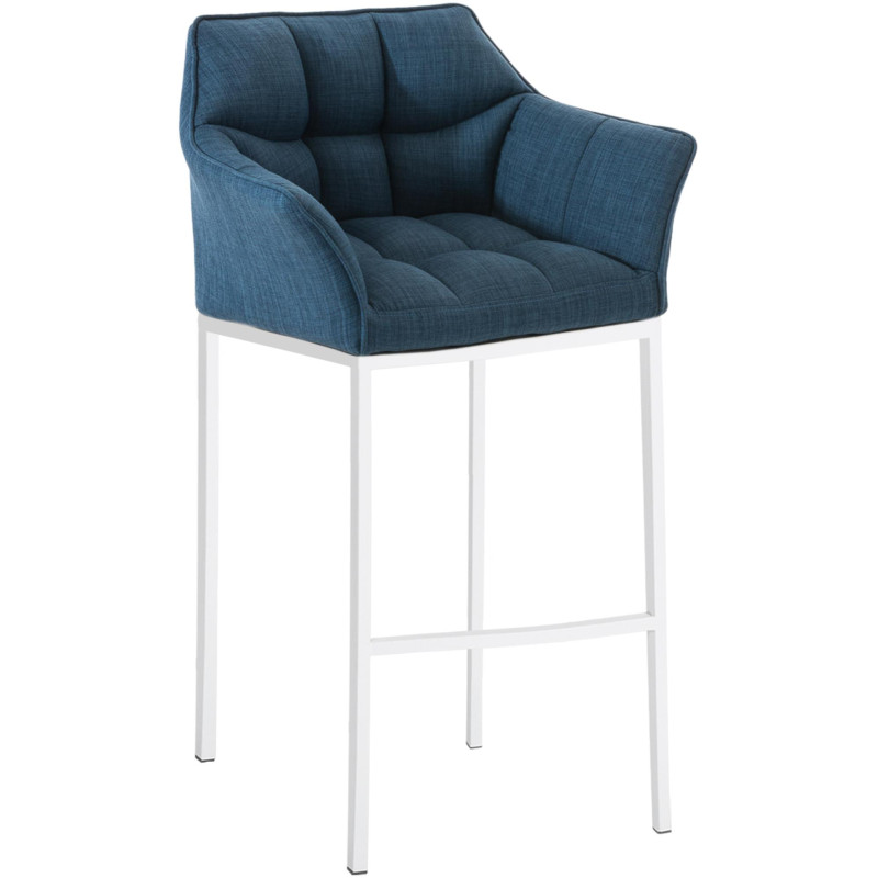 Taburete de bar Damaso tapizado en tela, con estructura de 4 patas, blanco/azul