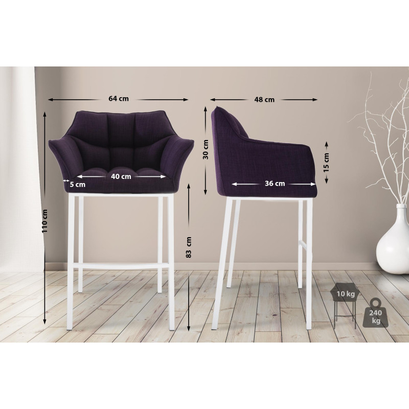 Sgabello da bar in tessuto Damaso con struttura a 4 gambe, bianco/viola