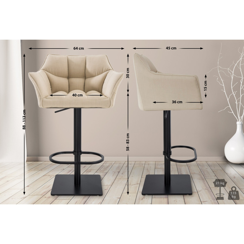 Ensemble de 2 tabourets de bar Damaso, en tissu, noir et crème