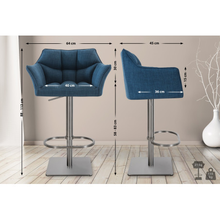 Set di 2 sgabelli da bar in tessuto Damaso acciaio inox blu