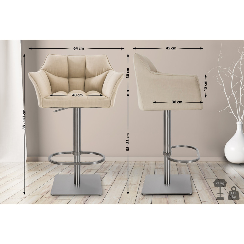 Ensemble de 2 tabourets de bar Damaso, tissu, acier inoxydable, crème