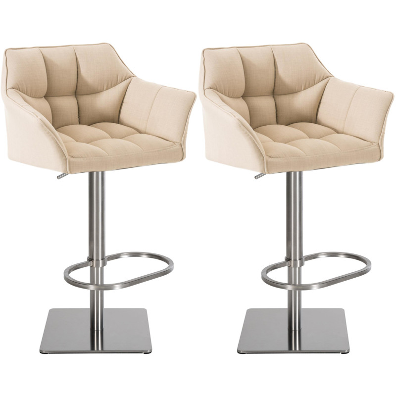 Ensemble de 2 tabourets de bar Damaso, tissu, acier inoxydable, crème