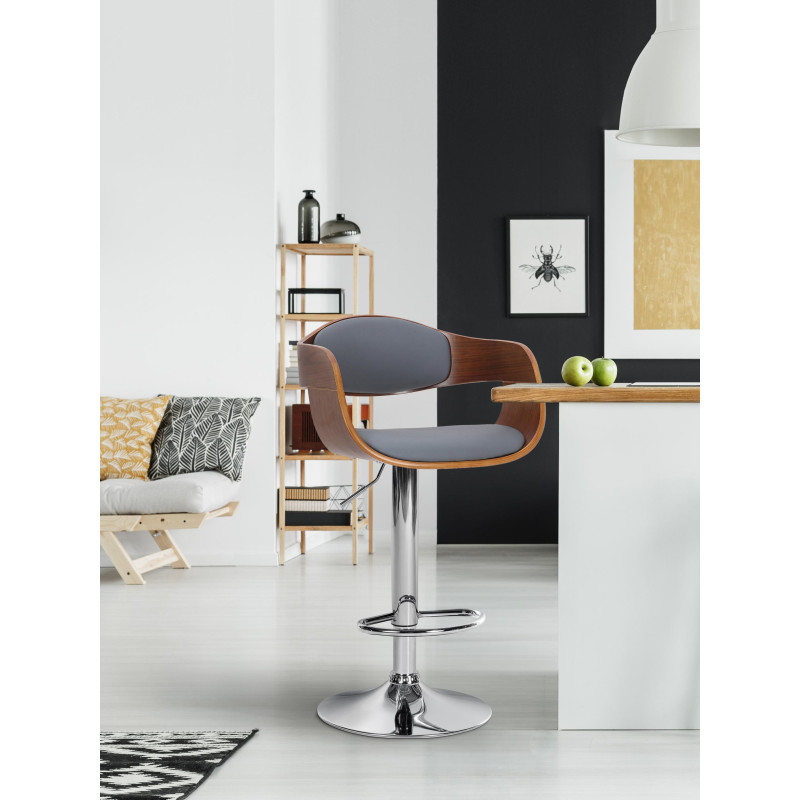 Tabouret de bar Kingston C, similicuir, noyer/gris