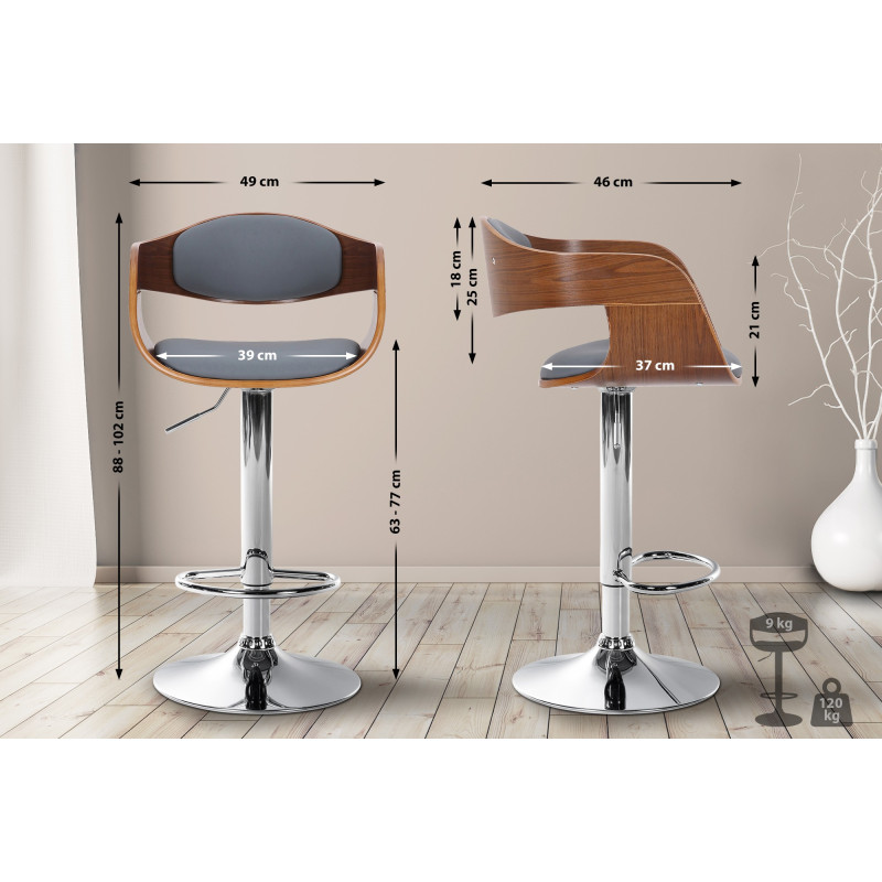 Tabouret de bar Kingston C, similicuir, noyer/gris