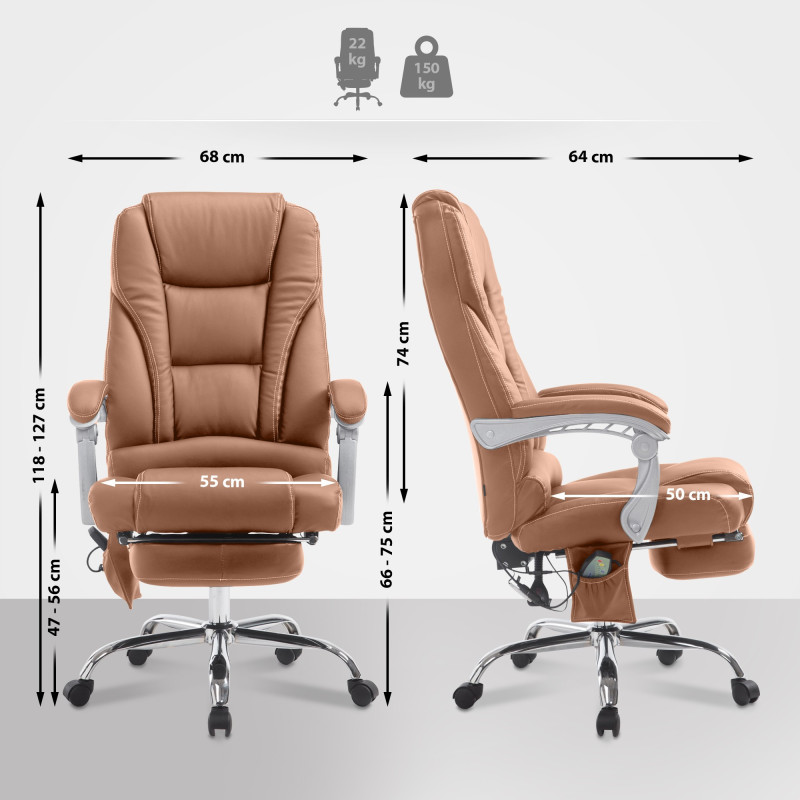 Chaise de bureau Pacific avec fonction massage V2 en cuir artificiel marron clair