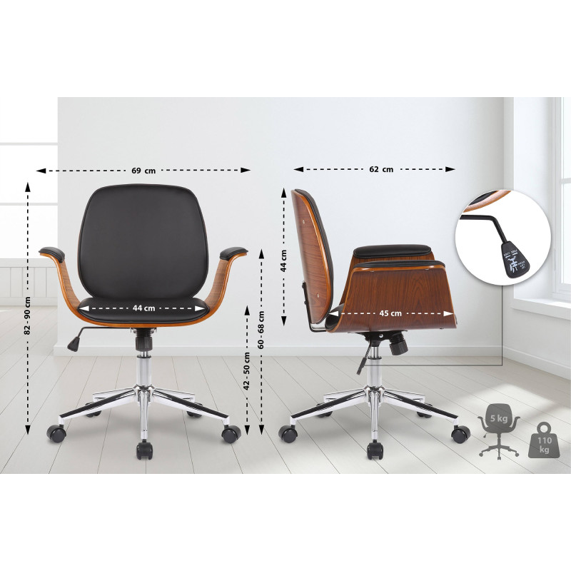 Chaise de bureau Kemberg en cuir artificiel noyer/noir