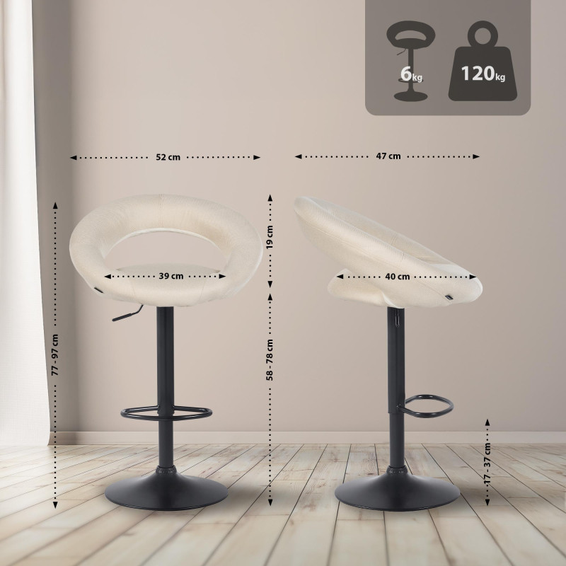 Ensemble de 2 tabourets de bar Olinda, en tissu, noir et crème