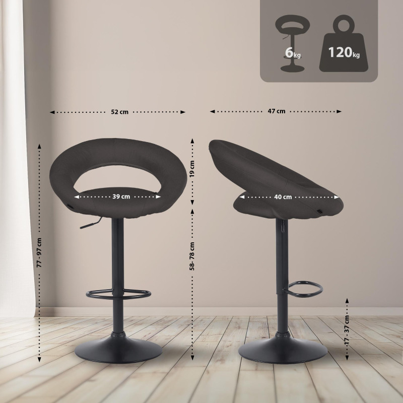 Ensemble de 2 tabourets de bar Olinda, tissu noir/gris foncé