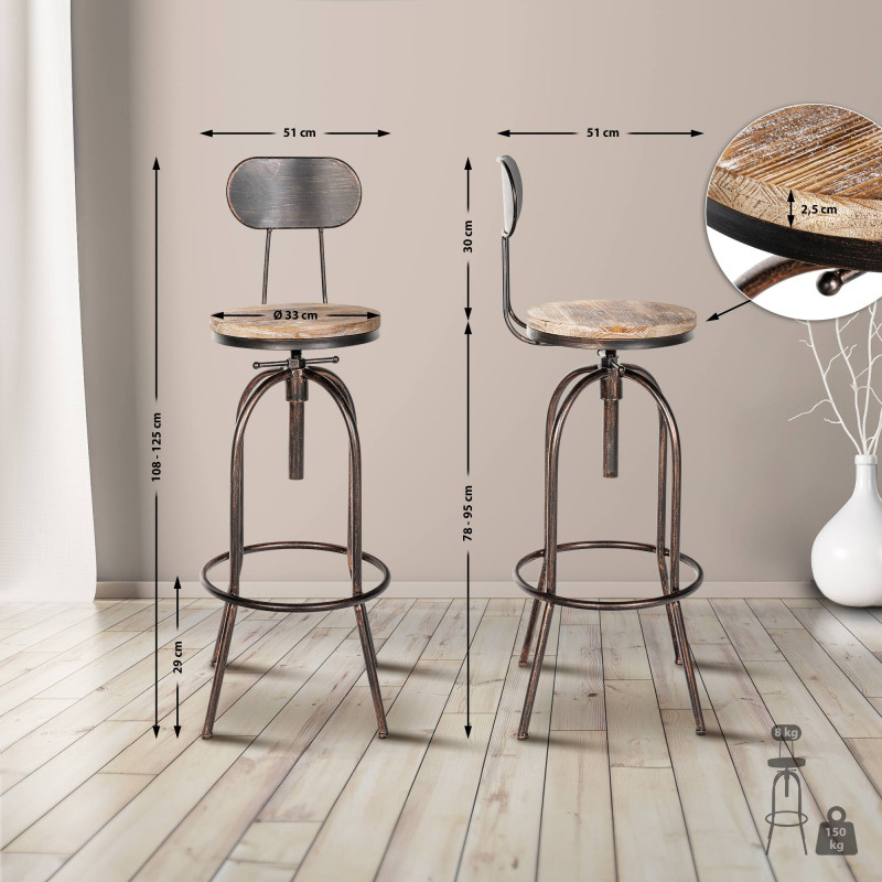 Conjunto de 2 banquetas de bar Pino, em madeira bronze.