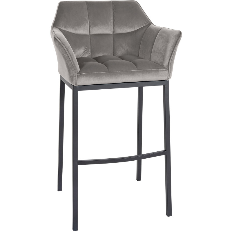 Tabouret de bar Damaso B en velours gris, piètement à 4 pieds.