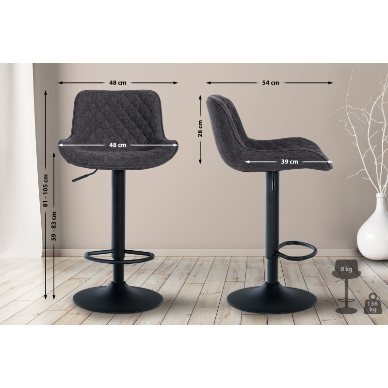 Tabouret de bar Minosa, tissu noir