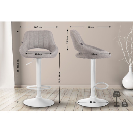 Tabouret de bar Milet, tissu, blanc/gris
