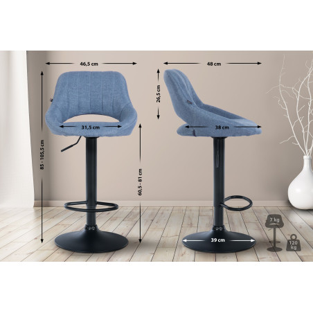 Tabouret de bar Milet, tissu, noir/bleu