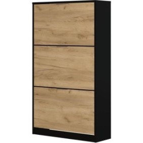 Meuble a chaussure 3 portes - Décor chene et noir - 75x25x128 cm - Leona