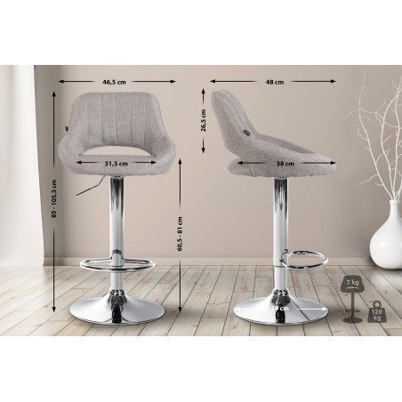 Tabouret de bar Milet, tissu, gris chromé